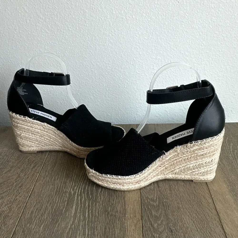 Steve Madden Josey Espadrille Wedge Sandal Women Black Perforated Suede Sz 8